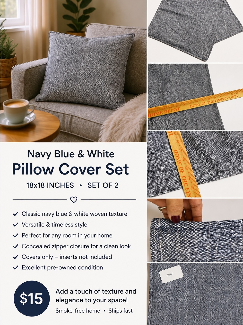 Navy Blue and white decorative pillow case 18x18 - “NO INSERT” SKU 131